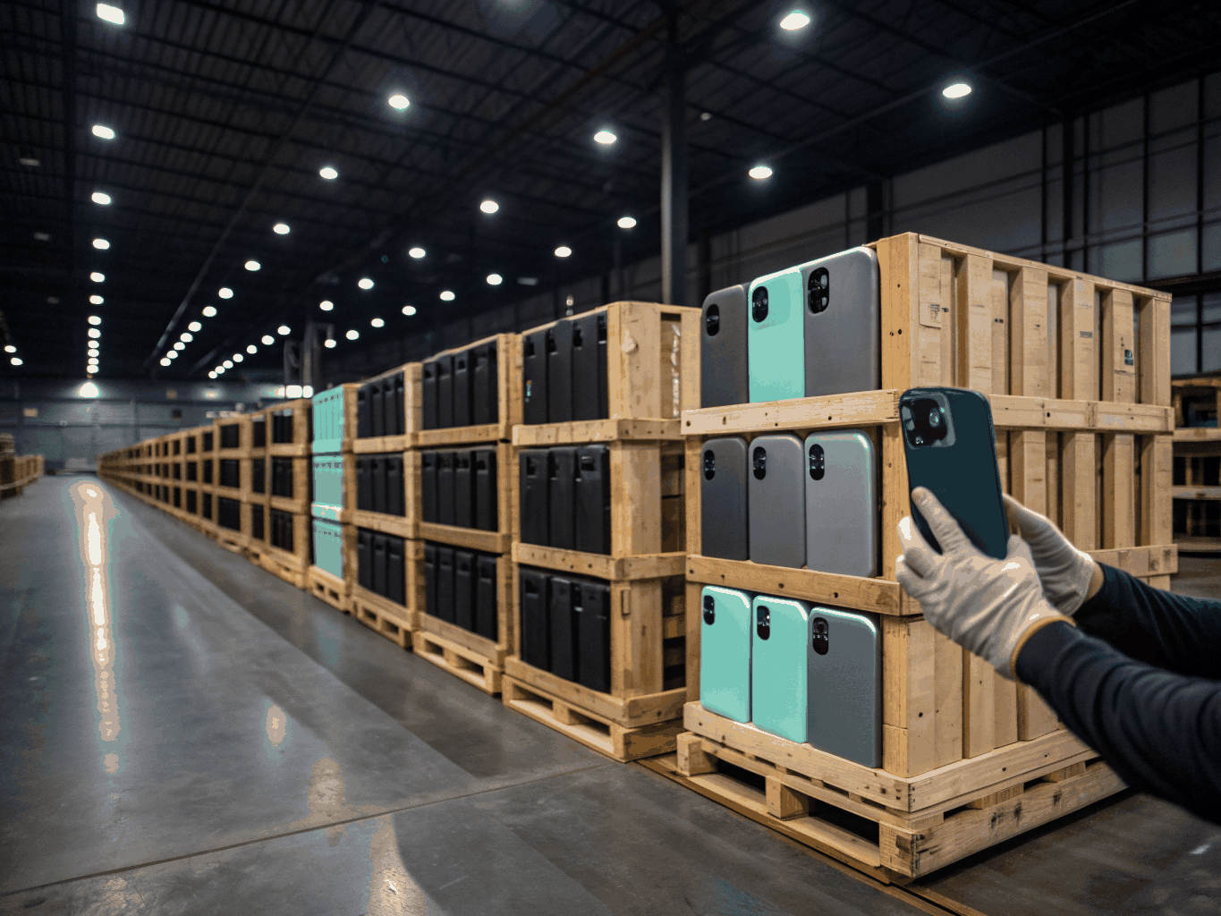 High-capacity electronics warehouse dispatch floor with palletized inventory