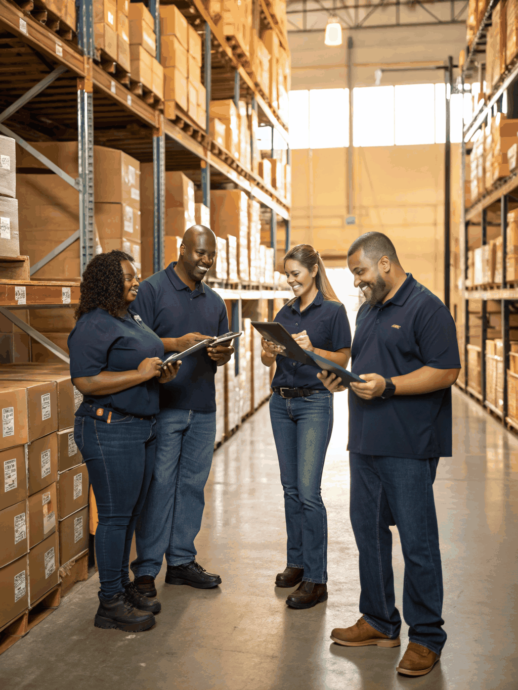 Quality assurance inspection team scanning palletized device inventory in wholesale warehouse